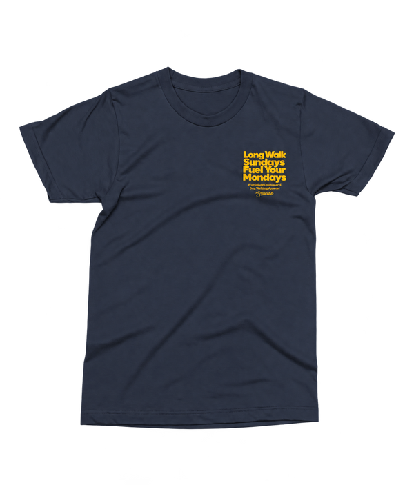 Saucisse Long Walk Sundays unisex T-shirt in French Navy, front view with a small yellow left-chest print