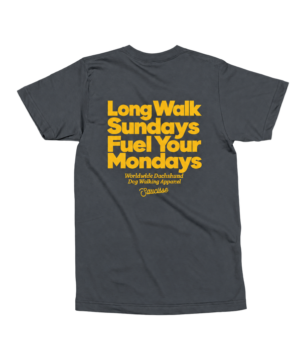 Saucisse Long Walk Sundays unisex T-shirt in India Ink Grey, rear view with the centred yellow Long Walk Sundays Fuel Your Mondays artwork