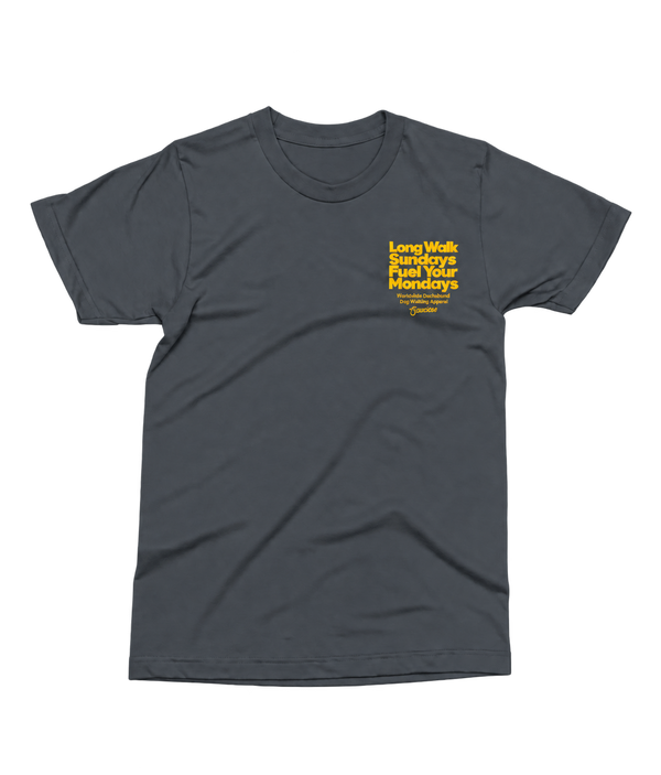 Saucisse Long Walk Sundays unisex T-shirt in India Ink Grey, front view with a small yellow left-chest print