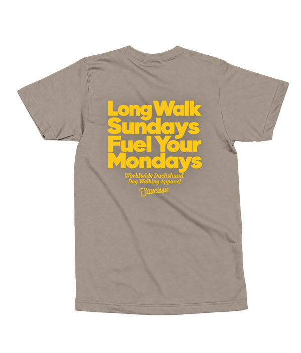 Saucisse Long Walk Sundays unisex T-shirt in Stone, rear view with the centred yellow Long Walk Sundays Fuel Your Mondays artwork