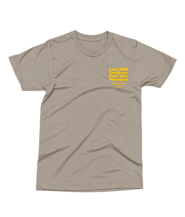 Saucisse Long Walk Sundays unisex T-shirt in Stone, front view with a small yellow left-chest print