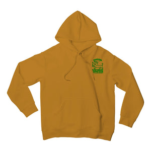 Saucisse Slow Walks Coffee Club unisex hoodie in Curcuma, front view with small green left-chest print