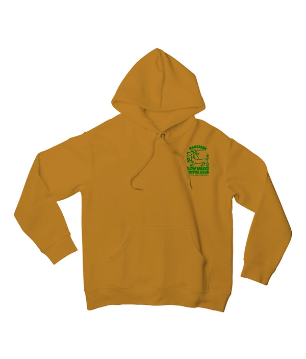 Saucisse Slow Walks Coffee Club unisex hoodie in Curcuma, front view with small green left-chest print