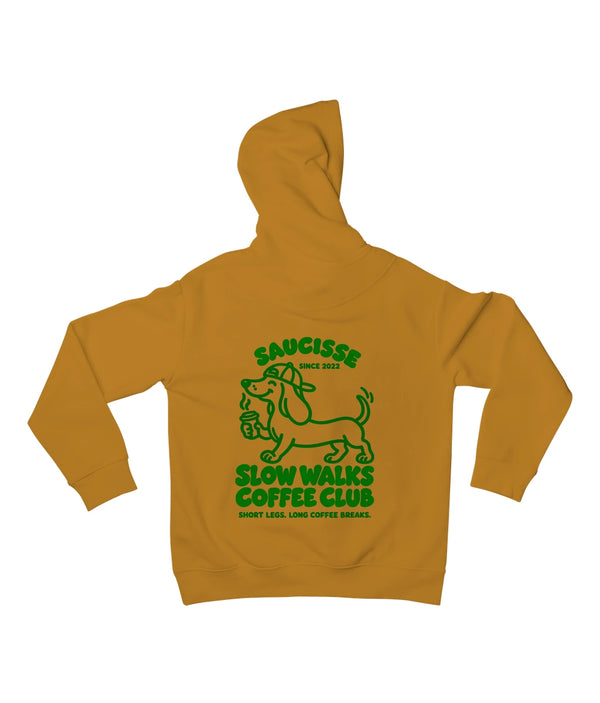 Saucisse Slow Walks Coffee Club unisex hoodie in Curcuma, back view with centred green dachshund coffee artwork