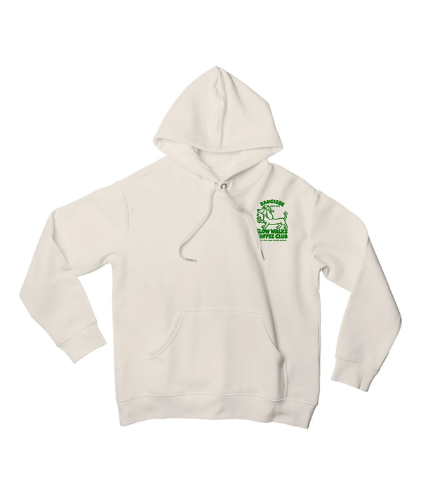 Saucisse Slow Walks Coffee Club unisex hoodie in Ivory, front view with small green left-chest print