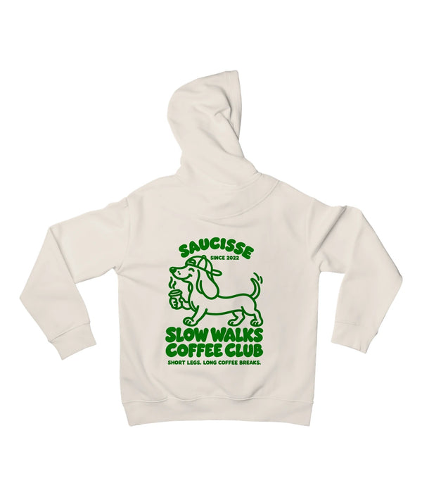 Saucisse Slow Walks Coffee Club unisex hoodie in Ivory, back view with centred green dachshund coffee artwork