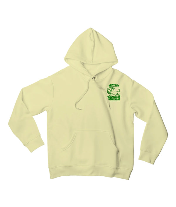 Saucisse Slow Walks Coffee Club unisex hoodie in Lemon Citrus, front view with small green left-chest print