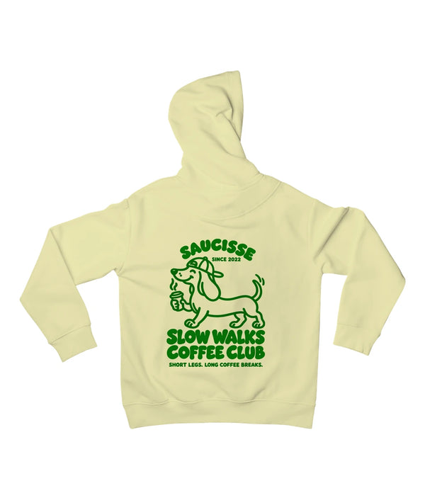 Saucisse Slow Walks Coffee Club unisex hoodie in Lemon Citrus, back view with centred green dachshund coffee artwork