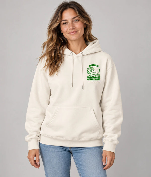 Saucisse Slow Walks Coffee Club unisex hoodie in Ivory, front studio view with small green left-chest print