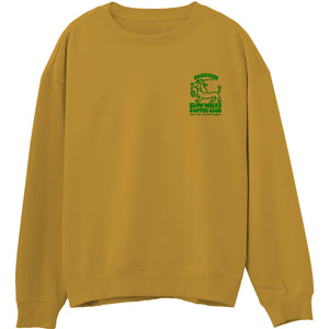 Saucisse Slow Walks Coffee Club unisex sweater in Curcuma, front view with small green left-chest print