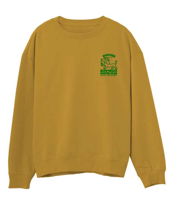 Saucisse Slow Walks Coffee Club unisex sweater in Curcuma, front view with small green left-chest print