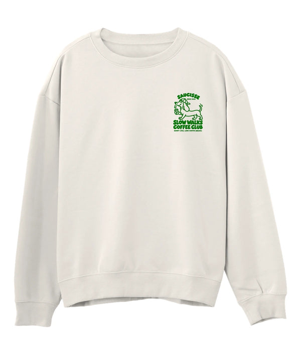 Saucisse Slow Walks Coffee Club unisex sweater in Ivory, front view with small green left-chest print