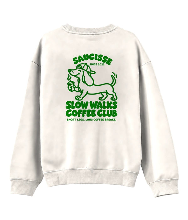 Saucisse Slow Walks Coffee Club unisex sweater in Ivory, back view with centred green dachshund coffee artwork