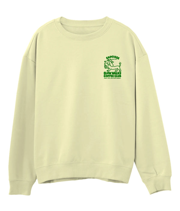 Saucisse Slow Walks Coffee Club unisex sweater in Lemon Citrus, front view with small green left-chest print