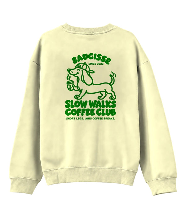 Saucisse Slow Walks Coffee Club unisex sweater in Lemon Citrus, back view with centred green dachshund coffee artwork
