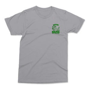 Saucisse Slow Walks Coffee Club unisex T-shirt in Heather Grey, front view with small green left-chest print