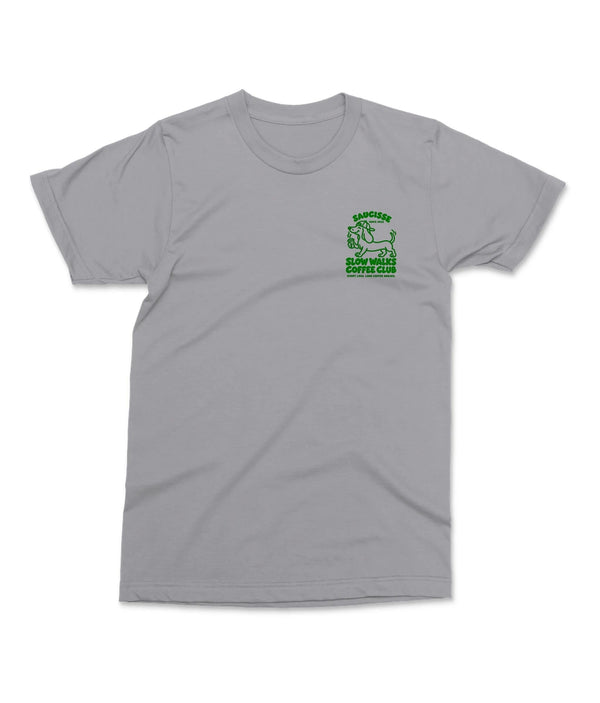 Saucisse Slow Walks Coffee Club unisex T-shirt in Heather Grey, front view with small green left-chest print