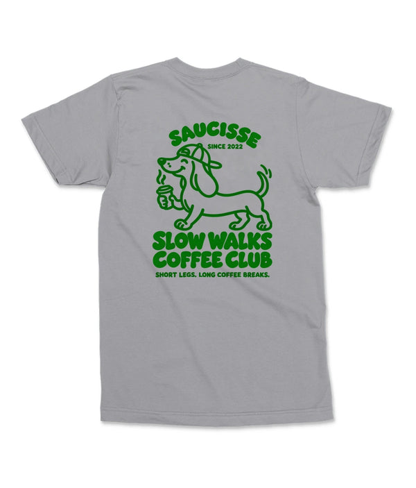 Saucisse Slow Walks Coffee Club unisex T-shirt in Heather Grey, back view with centred green dachshund coffee artwork