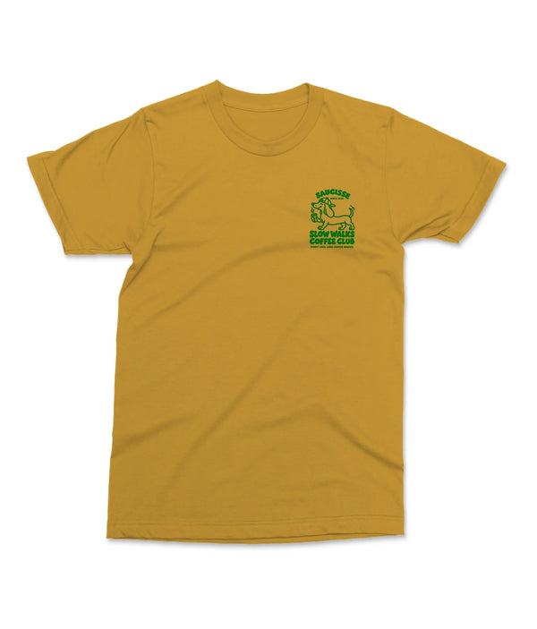 Saucisse Slow Walks Coffee Club unisex T-shirt in Ochre, front view with small green left-chest print