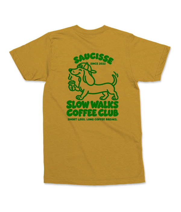 Saucisse Slow Walks Coffee Club unisex T-shirt in Ochre, back view with centred green dachshund coffee artwork