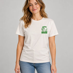 Saucisse Slow Walks Coffee Club unisex T-shirt in Vintage White, front studio view with small green left-chest print