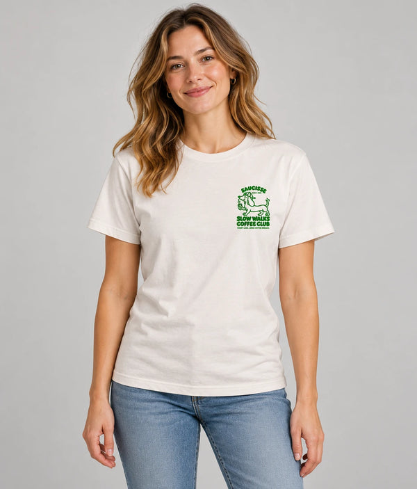 Saucisse Slow Walks Coffee Club unisex T-shirt in Vintage White, front studio view with small green left-chest print