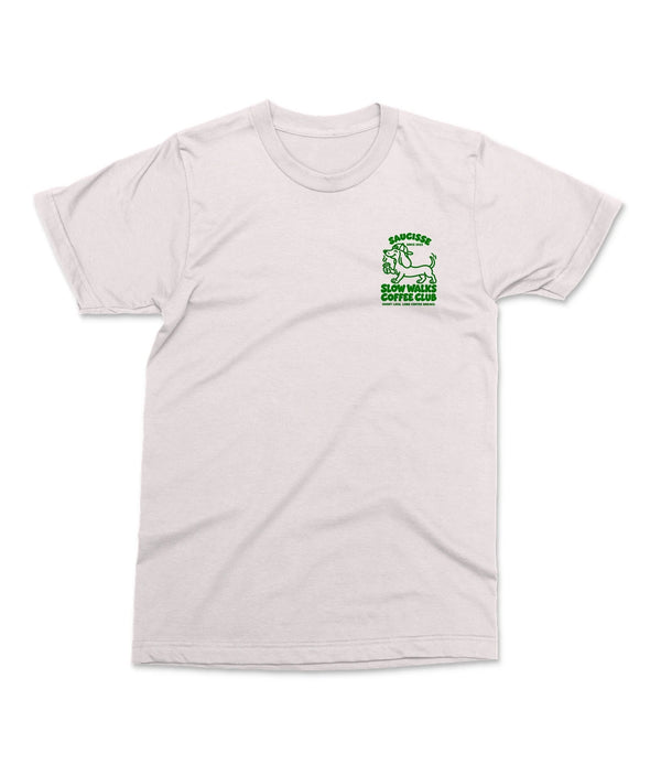 Saucisse Slow Walks Coffee Club unisex T-shirt in Vintage White, front view with small green left-chest print