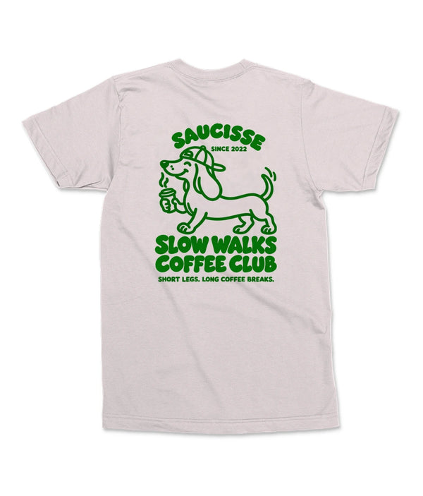 Saucisse Slow Walks Coffee Club unisex T-shirt in Vintage White, back view with centred green dachshund coffee artwork