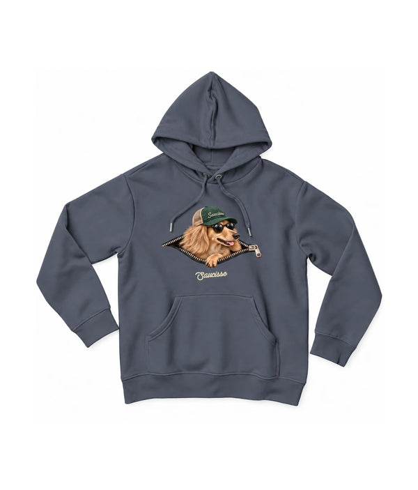 Saucisse Unzipped long-haired unisex hoodie in Mineral Grey, front view showing a long-haired dachshund in a green cap and sunglasses emerging from a printed zip.