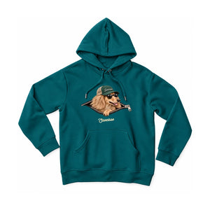 Saucisse Unzipped long-haired unisex hoodie in Peacock Green, front view showing a long-haired dachshund in a green cap and sunglasses emerging from a printed zip.