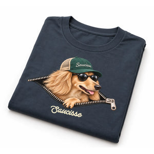 Folded Saucisse Unzipped long-haired unisex T-shirt in India Ink Grey, showing the long-haired dachshund and printed zip artwork.