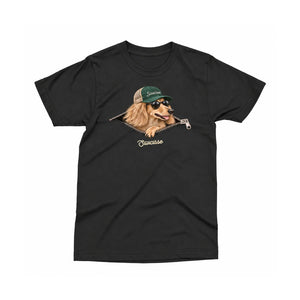 Saucisse Unzipped long-haired unisex T-shirt in Black, front view showing a long-haired dachshund in a green cap and sunglasses emerging from a printed zip.