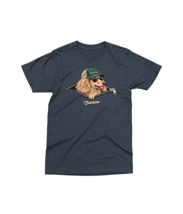 Saucisse Unzipped long-haired unisex T-shirt in India Ink Grey, front view showing a long-haired dachshund in a green cap and sunglasses emerging from a printed zip.