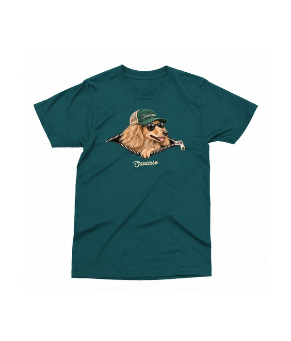 Saucisse Unzipped long-haired unisex T-shirt in Stargazer, front view showing a long-haired dachshund in a green cap and sunglasses emerging from a printed zip.
