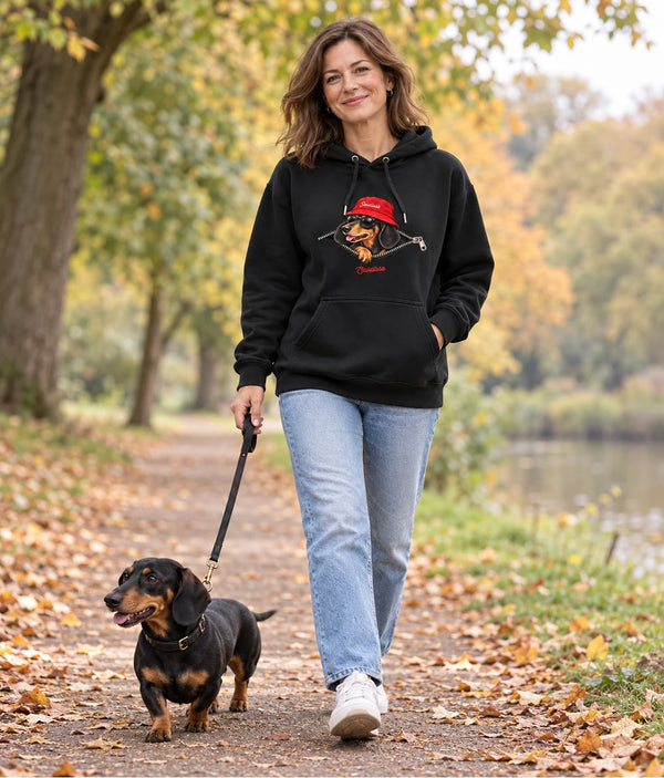 Woman wearing the Black Saucisse Unzipped Short Haired unisex hoodie walking a dachshund along an autumn path, with the dachshund front print visible.