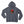 Front view of the Mineral Grey Saucisse Unzipped Short Haired unisex hoodie, with a dachshund in a red Saucisse bucket hat and sunglasses peeping through an illustrated zip and a red Saucisse signature.