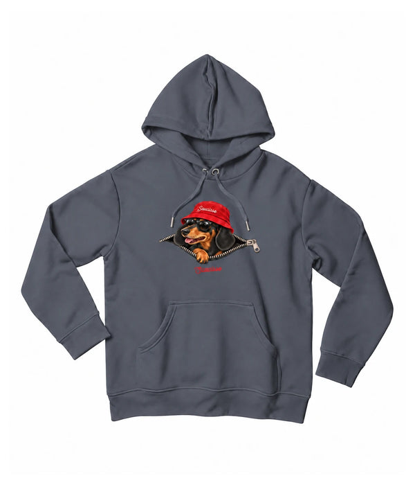 Front view of the Mineral Grey Saucisse Unzipped Short Haired unisex hoodie, with a dachshund in a red Saucisse bucket hat and sunglasses peeping through an illustrated zip and a red Saucisse signature.