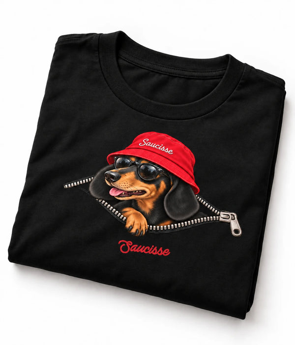 Folded Black Saucisse Unzipped Short Haired unisex T-shirt on a white studio background, showing a dachshund in a red Saucisse bucket hat and sunglasses peeping through an illustrated zip and the red signature.
