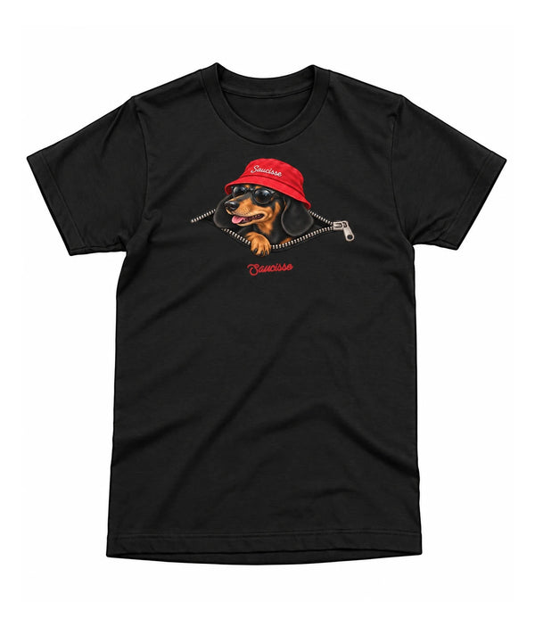 Front view of the Black Saucisse Unzipped Short Haired unisex T-shirt, with a dachshund in a red Saucisse bucket hat and sunglasses peeping through an illustrated zip and a red Saucisse signature.