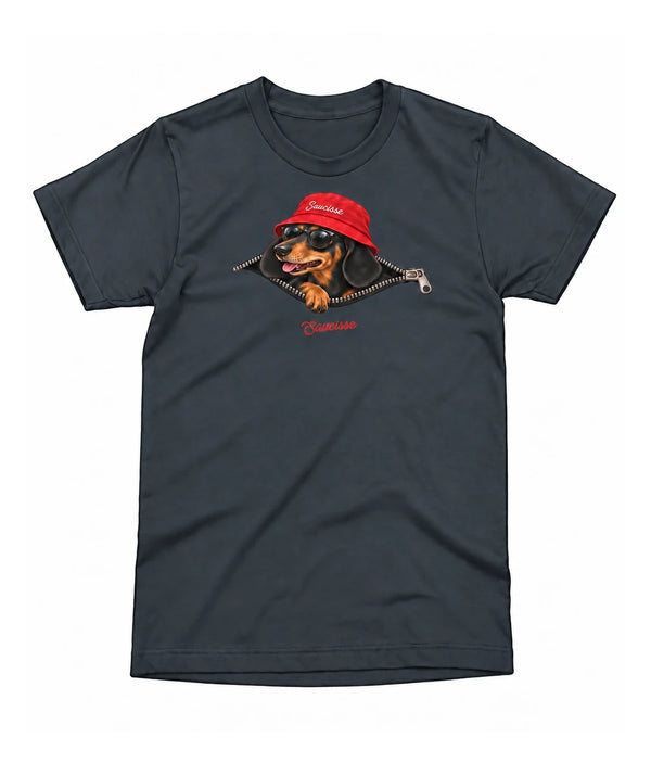 Front view of the India Ink Grey Saucisse Unzipped Short Haired unisex T-shirt, with a dachshund in a red Saucisse bucket hat and sunglasses peeping through an illustrated zip and a red Saucisse signature.