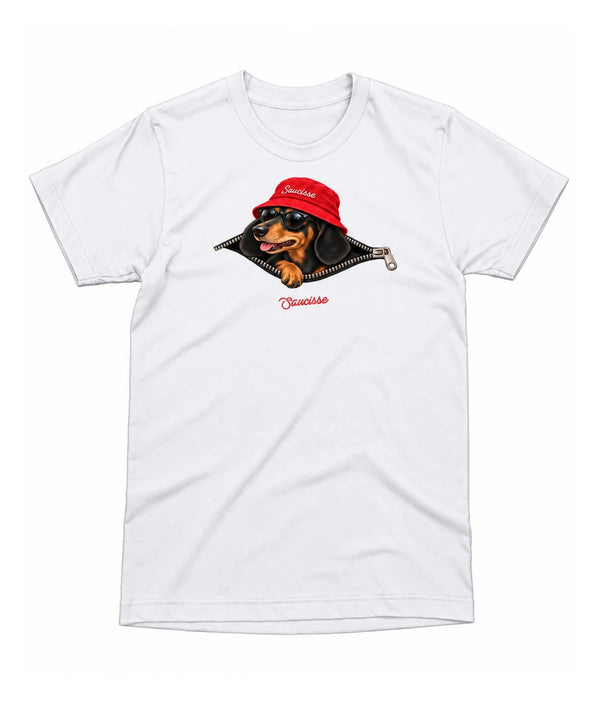 Front view of the White Saucisse Unzipped Short Haired unisex T-shirt, with a dachshund in a red Saucisse bucket hat and sunglasses peeping through an illustrated zip and a red Saucisse signature.