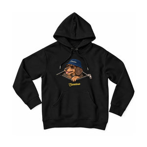 Front of the Saucisse Unzipped wire-haired unisex hoodie in Black, with a navy-hat dachshund, printed silver zip and gold Saucisse signature.