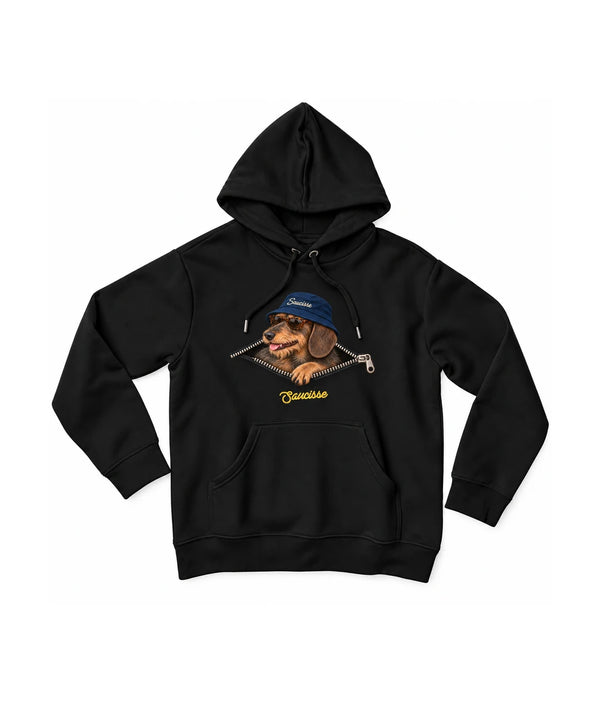 Front of the Saucisse Unzipped wire-haired unisex hoodie in Black, with a navy-hat dachshund, printed silver zip and gold Saucisse signature.