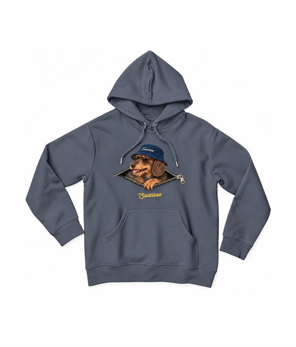 Front of the Saucisse Unzipped wire-haired unisex hoodie in Mineral Grey, with a navy-hat dachshund, printed silver zip and gold Saucisse signature.