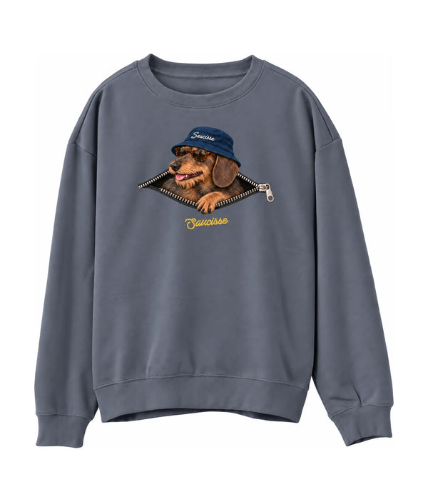 Front of the Saucisse Unzipped wire-haired unisex sweater in Mineral Grey, with a navy-hat dachshund, printed silver zip and gold Saucisse signature.