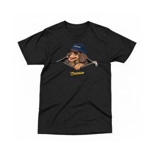 Front of the Saucisse Unzipped wire-haired unisex T-shirt in Black, with a navy-hat dachshund, printed silver zip and gold Saucisse signature.