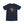 Front of the Saucisse Unzipped wire-haired unisex T-shirt in French Navy, with a navy-hat dachshund, printed silver zip and gold Saucisse signature.