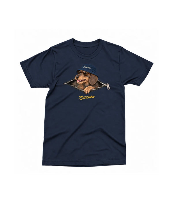 Front of the Saucisse Unzipped wire-haired unisex T-shirt in French Navy, with a navy-hat dachshund, printed silver zip and gold Saucisse signature.