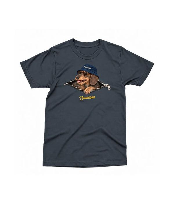 Front of the Saucisse Unzipped wire-haired unisex T-shirt in India Ink Grey, with a navy-hat dachshund, printed silver zip and gold Saucisse signature.