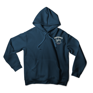 Southwold Sausage Dog Walk 2026 limited edition unisex hoodie front in Peacock Blue